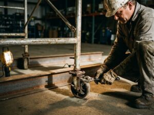 Bouwvakker repareert vastgelopen wiel van mobiele steiger met moersleutel in industriële werkplaats
