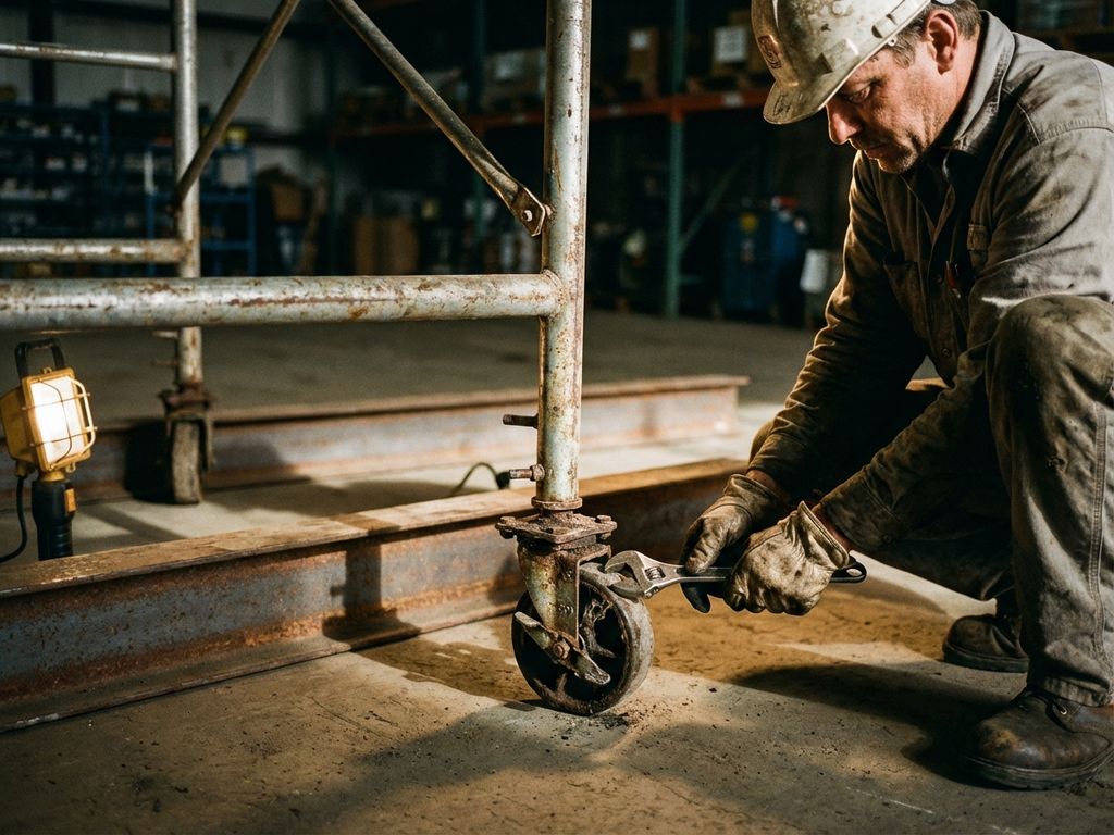 Bouwvakker repareert vastgelopen wiel van mobiele steiger met moersleutel in industriële werkplaats