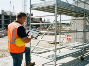 Bouwvakker in veiligheidsvest bekijkt tablet met kostenberekeningen naast hoge mobiele steiger op bouwplaats