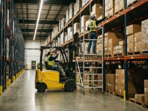 Gele heftruck en rolsteiger werken samen in industrieel magazijn met hoge stellingkasten en LED-verlichting