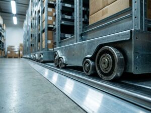 Mobiele industriële stellingkasten op stalen rails in magazijn, close-up van wielen en lagers op betonnen vloer