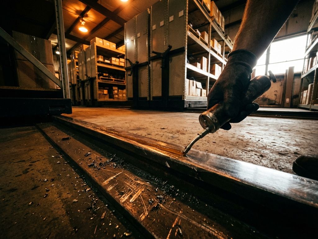 Onderhoudsmedewerker smeert industriële mobiele stellingrails met beschermende olie in magazijnomgeving