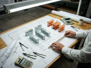 Magazijnarchitect bestudeert bouwplannen op tekentafel met schaalmodellen van koelunits en opslagrekken