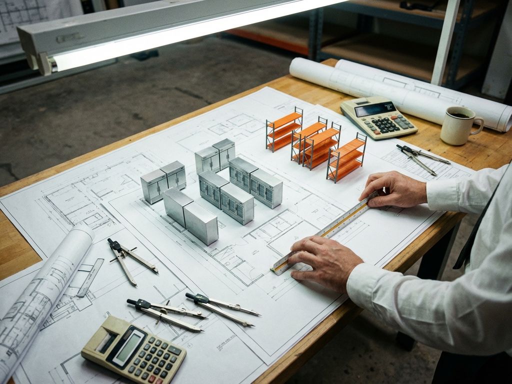 Magazijnarchitect bestudeert bouwplannen op tekentafel met schaalmodellen van koelunits en opslagrekken