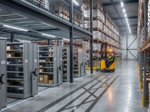 Moderne magazijnruimte met mobiele stellingssystemen, smalle gangpaden en vorkheftruck tussen opslagsystemen