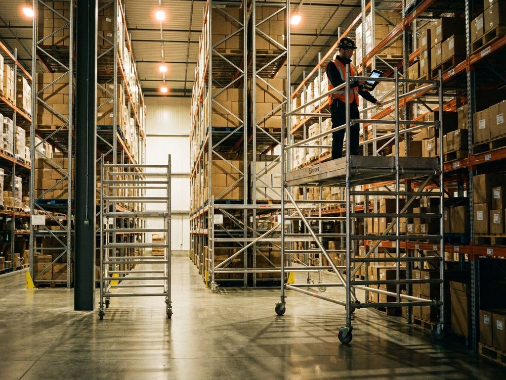 Magazijnmedewerker met handscanner op mobiele stelling tussen hoge opslag rekken in moderne warehouse