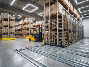 Moderne magazijnhal met mobiele palletrekken op rails, vaste stellingen met dozen en heftruck operator onder LED-verlichting