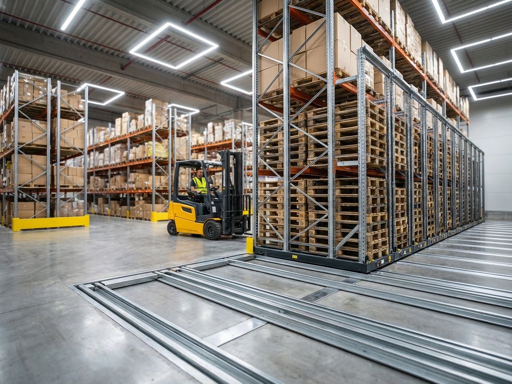 Moderne magazijnhal met mobiele palletrekken op rails, vaste stellingen met dozen en heftruck operator onder LED-verlichting
