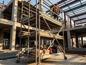 Mobiele steigeringstoren met bouwvakker in veiligheidskleding op bouwplaats, toont draagkracht en stevigheid