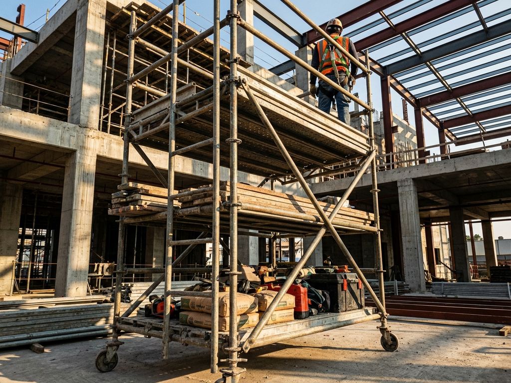 Mobiele steigeringstoren met bouwvakker in veiligheidskleding op bouwplaats, toont draagkracht en stevigheid