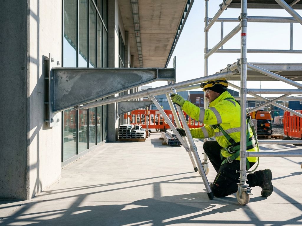 Bouwvakker in veiligheidspak stelt mobiele steiger in die verbindt met vaste muurbeugel op bouwplaats