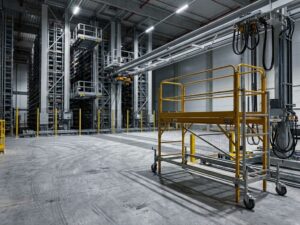 Mobiele steigereenheid in industriële loods met geautomatiseerd kraansysteem op de achtergrond onder LED-verlichting