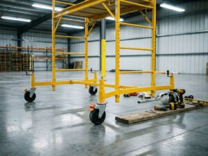 Gele mobiele steiger op betonnen magazijnvloer met vergrendelde wielen en constructiegereedschap in de buurt