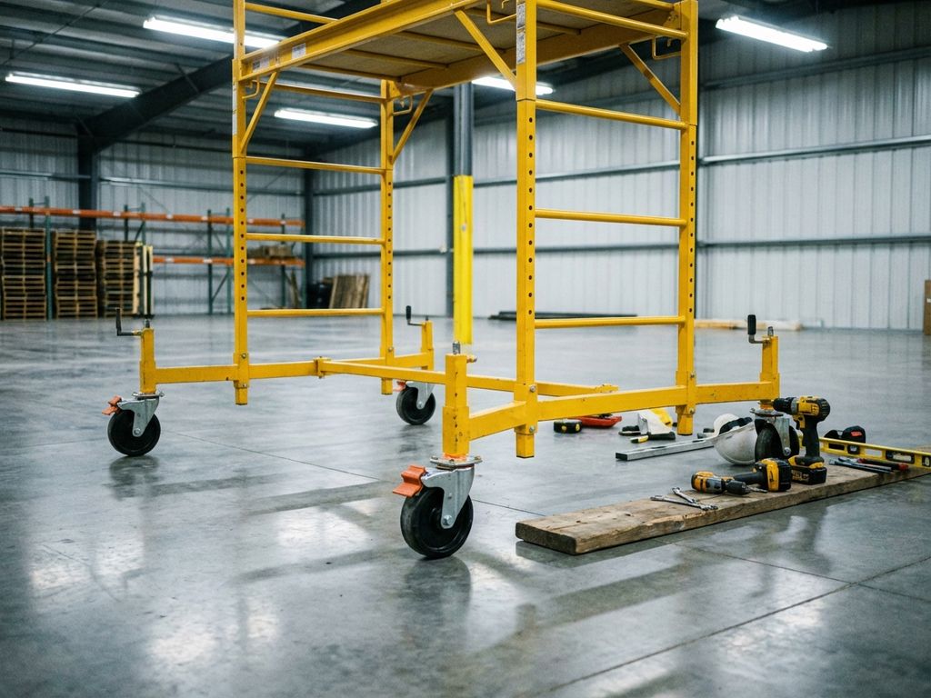 Gele mobiele steiger op betonnen magazijnvloer met vergrendelde wielen en constructiegereedschap in de buurt