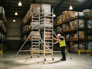 Mobiele steigeringstoren in magazijn met werknemer die hoogte aanpast, omringd door industriële stellingkasten