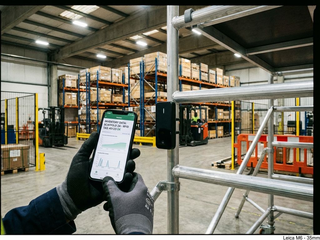 Mobiele steigtoren met RFID-scanner en werknemer die smartphone met inventarisdata vasthoudt in industriële magazijn