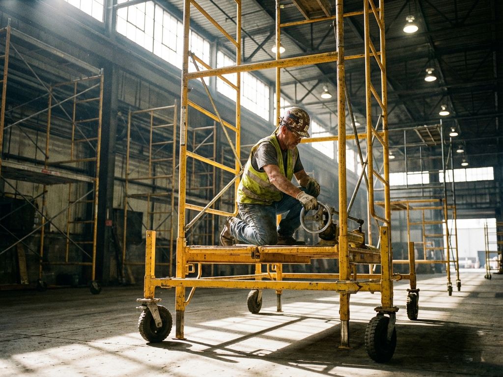 Bouwvakker bedient gele mobiele rolsteiger in industriële loods met betonnen vloeren en stalen balken