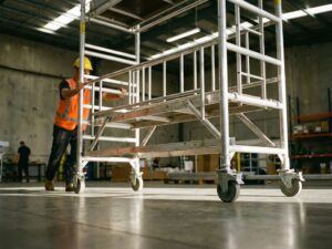 Bouwvakker in gele helm verplaatst mobiele aluminium rolsteiger op wielen in industriële hal