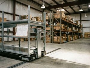 Mobiele stellingunit op rails in magazijn met traditionele vaste stellingen op achtergrond en kostenanalyse klembord