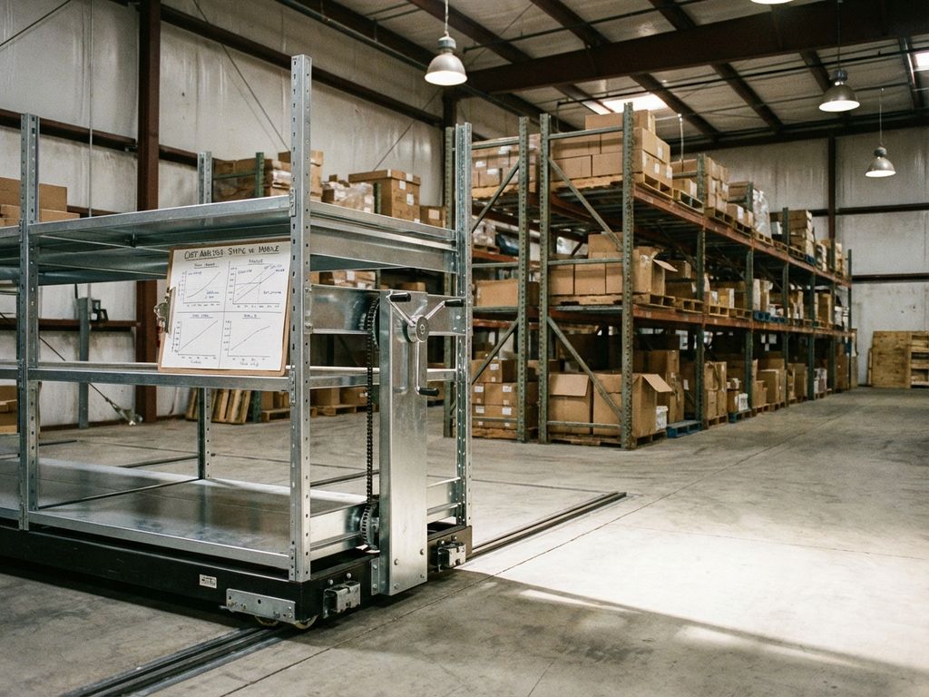 Mobiele stellingunit op rails in magazijn met traditionele vaste stellingen op achtergrond en kostenanalyse klembord