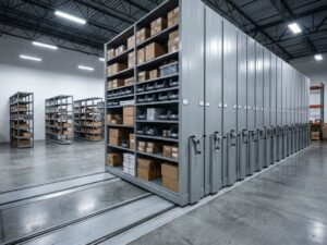 Moderne magazijn met compacte mobiele stellingen op rails versus traditionele vaste stellingen met verspilde vloerruimte