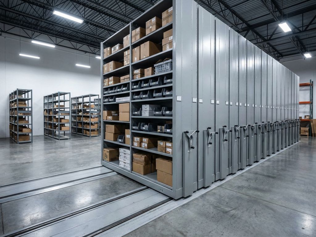 Moderne magazijn met compacte mobiele stellingen op rails versus traditionele vaste stellingen met verspilde vloerruimte