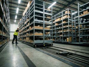 Magazijnmedewerker bedient mobiel stellingsysteem op rails om verborgen opslagruimte te ontsluiten in industriële loods