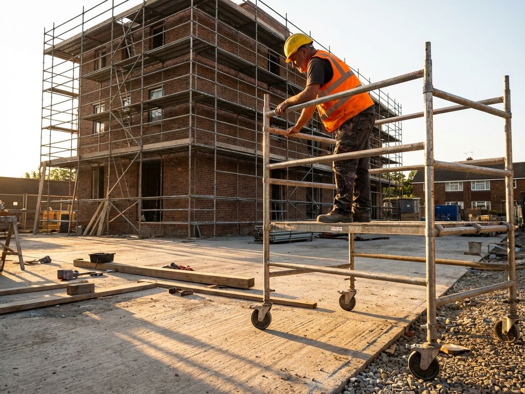 Bouwvakker op mobiele steiger inspecteert vaste steiger op bouwplaats, gele helmen en oranje vesten zichtbaar
