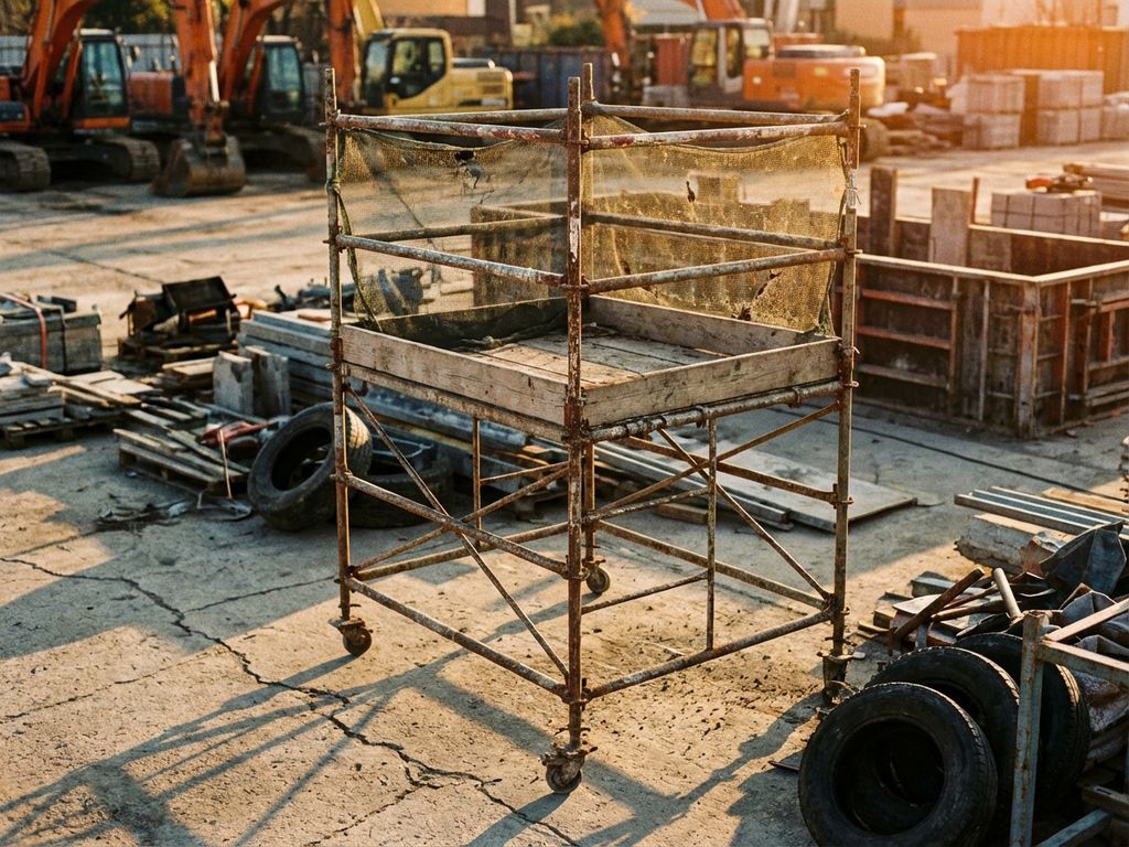 Verweerde mobiele steigtoren in bouwplaats met intacte veiligheidsreling, bouwmaterialen op achtergrond bij gouden uur