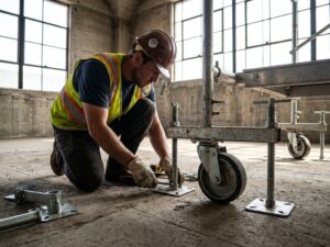 Bouwvakker installeert mobiele steigerplaten op betonvloer in industriële loods met hoge plafonds