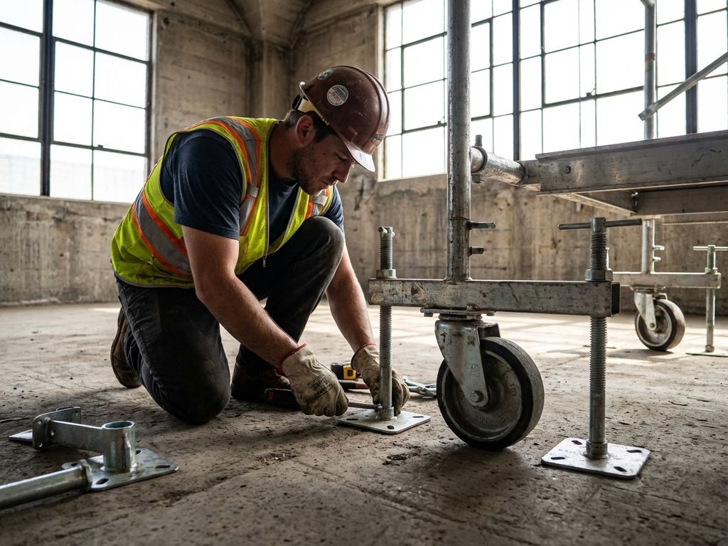 Bouwvakker installeert mobiele steigerplaten op betonvloer in industriële loods met hoge plafonds