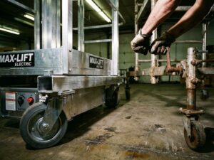 Elektrische gemotoriseerde steiger op voorgrond met magazijnmedewerker die handmatige mobiele stelling bedient op achtergrond