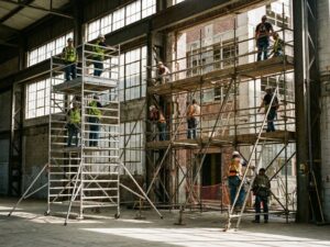 Mobiele en vaste steigersystemen met bouwvakkers in veiligheidsuitrusting op actieve bouwplaats in industriële hal