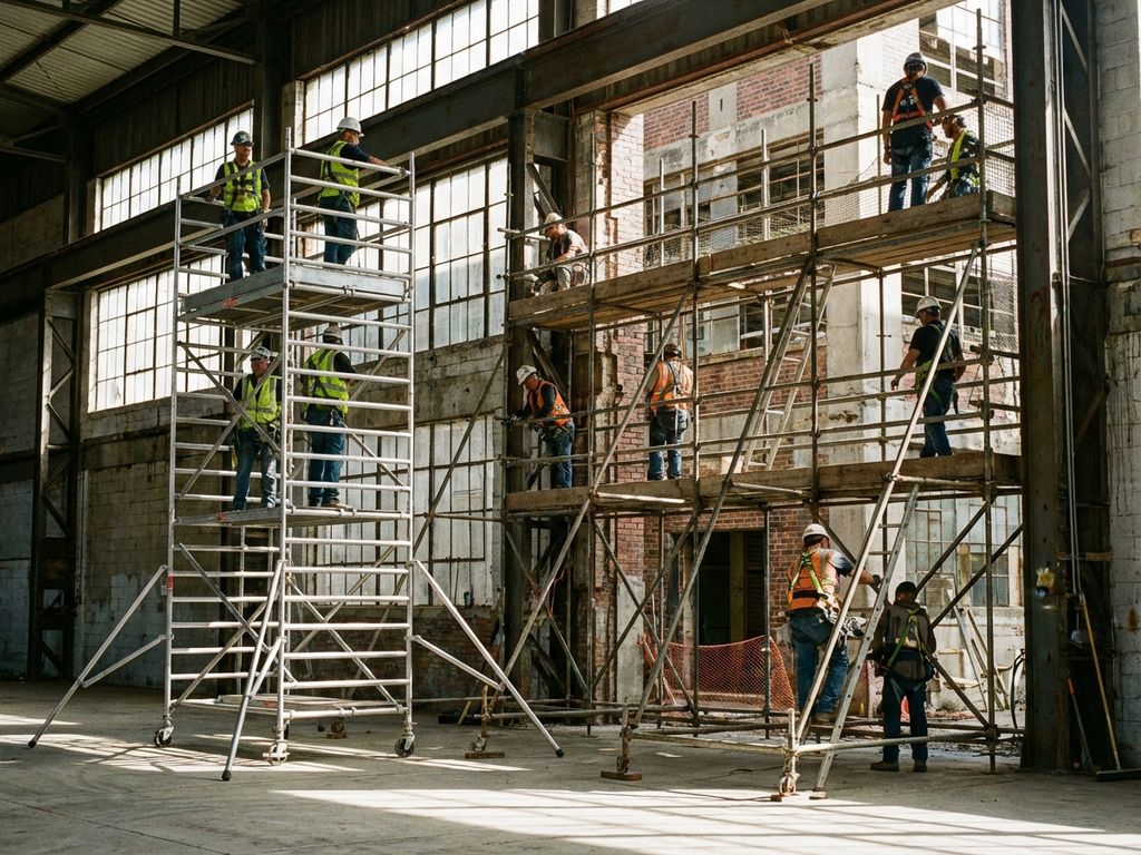 Mobiele en vaste steigersystemen met bouwvakkers in veiligheidsuitrusting op actieve bouwplaats in industriële hal