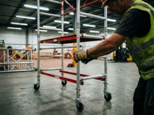 Bouwvakker stelt mobiele rolsteiger bij in industriële loods, toont uitschuifbare modulaire secties omhoog