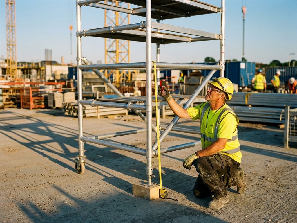 Bouwvakker in hesje meet hoogte van mobiele steiger met lasermeeter op bouwplaats bij zonsondergang