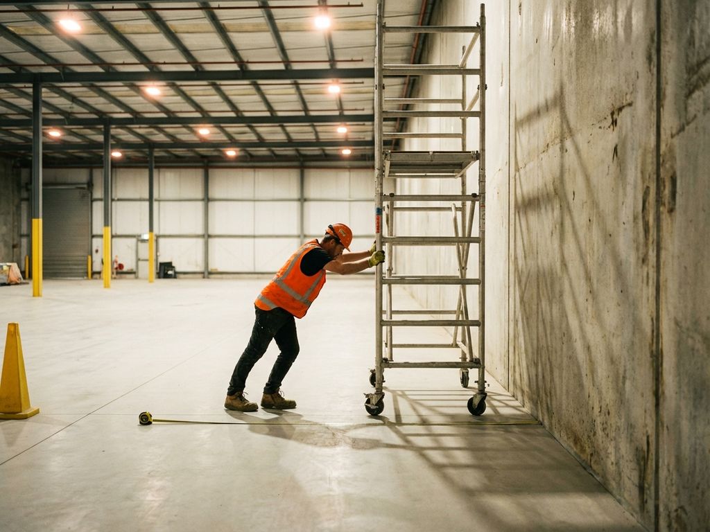 Bouwvakker in oranje veiligheidskleding positioneert mobiele steiger met juiste afstand tot betonnen muur in magazijn
