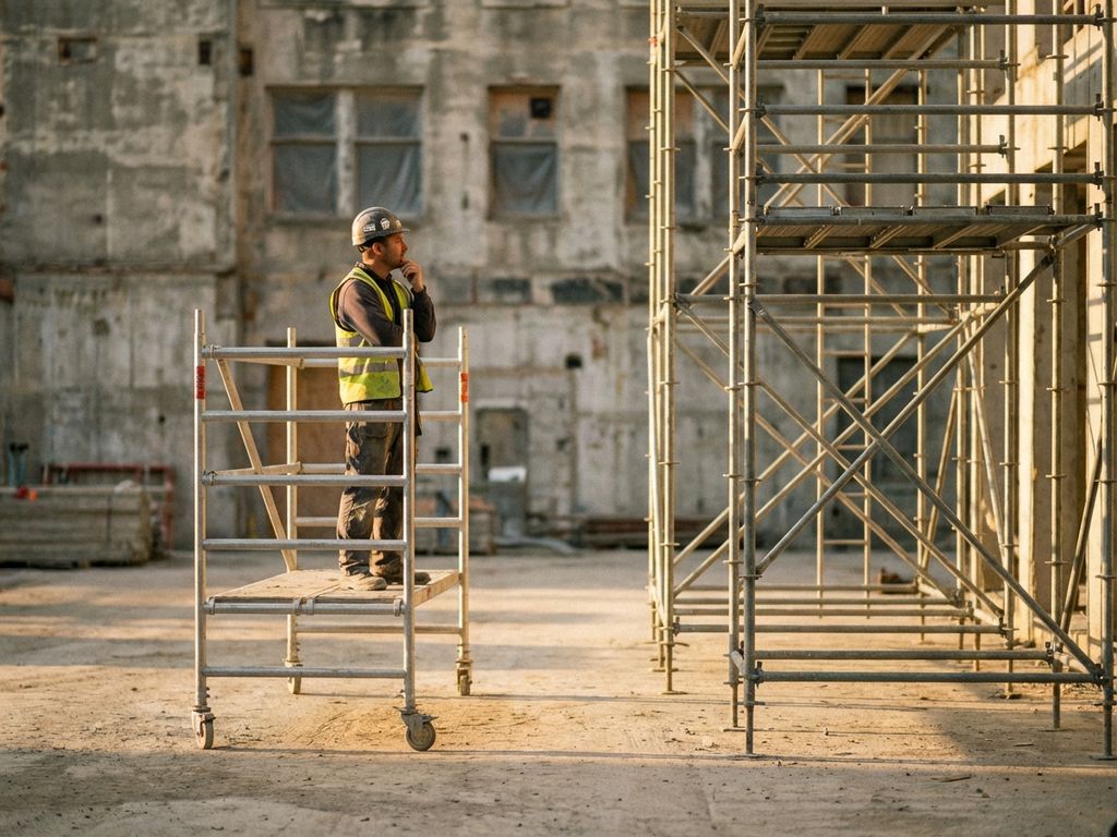 Bouwvakker op mobiele steiger overweegt keuze tussen mobiel en vast steigerwerk op bouwplaats bij zonsondergang