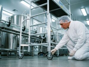 Voedingsindustrie werker in witte beschermkleding inspecteert mobiele steiger naast roestvrijstalen apparatuur in fabriek