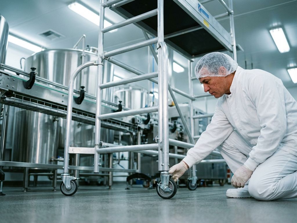 Voedingsindustrie werker in witte beschermkleding inspecteert mobiele steiger naast roestvrijstalen apparatuur in fabriek