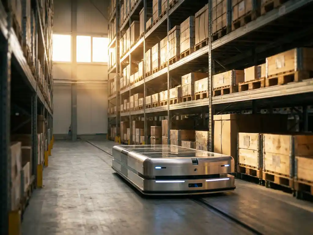 Geautomatiseerde opslagrobot rijdt tussen hoge industriële palletrekken in moderne magazijn met gouden zonlicht door ramen