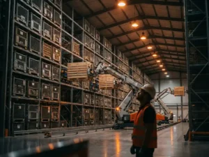 Geautomatiseerd magazijn met robotische opslagsystemen en mechanische armen die pallets verplaatsen tussen stalen stellingen