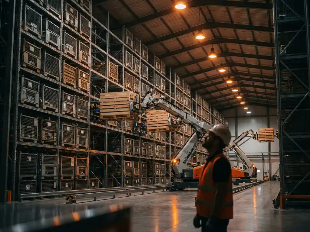 Geautomatiseerd magazijn met robotische opslagsystemen en mechanische armen die pallets verplaatsen tussen stalen stellingen