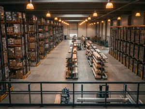 Moderne magazijnhal met drie verschillende opslagsystemen: palletrekken, kraagarmstelling en compacte opslag, gescheiden door brede betonnen gangpaden