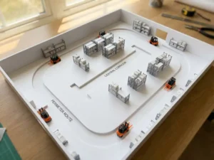 Wit foam magazijnmodel met U-vormige en I-vormige routes, oranje heftrucks en palletrekken vanuit vogelperspectief