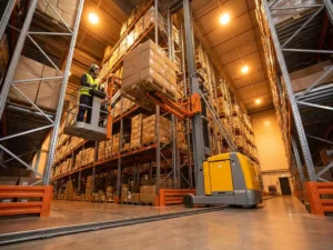 Magazijnmedewerker bedient semi-geautomatiseerd palletsysteem met motorlift tussen hoge industriële stellingen