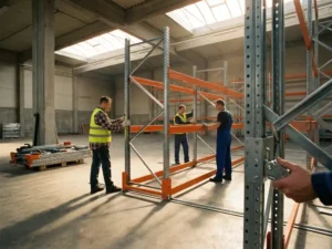 Werknemers passen modulaire stalen stellingsystemen aan in industriële magazijn met hoge plafonds en natuurlijk licht