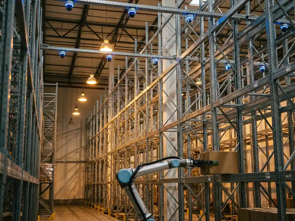 Autonome robotarm plaatst dozen op stalen palletrekken in moderne magazijn met blauwe LED-sensoren en warme industriële verlichting