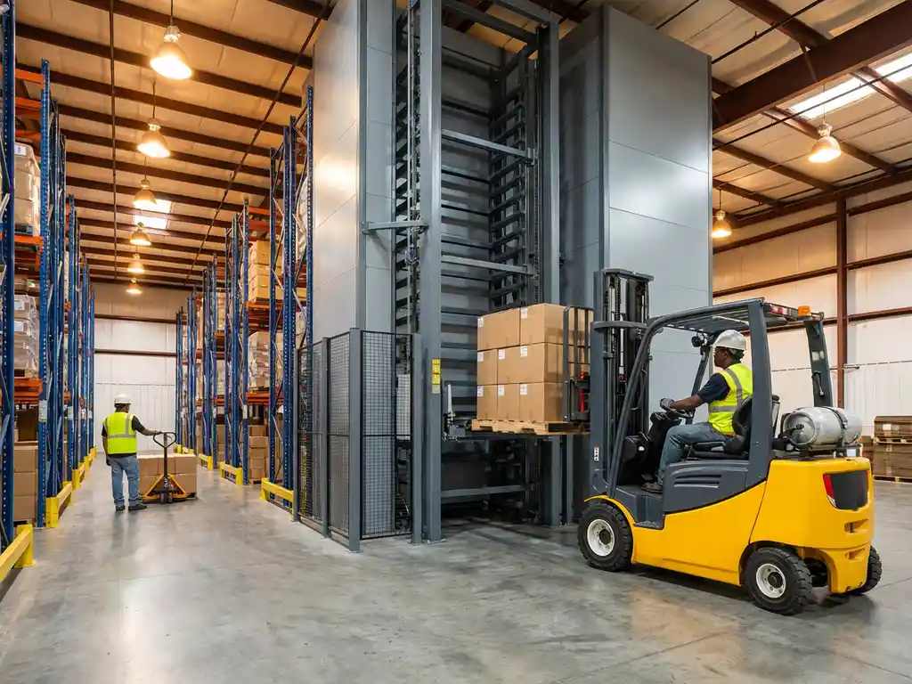 Magazijnmedewerker bedient gele vorkheftruck bij geautomatiseerde opslagrekken terwijl collega handmatig pallets verplaatst